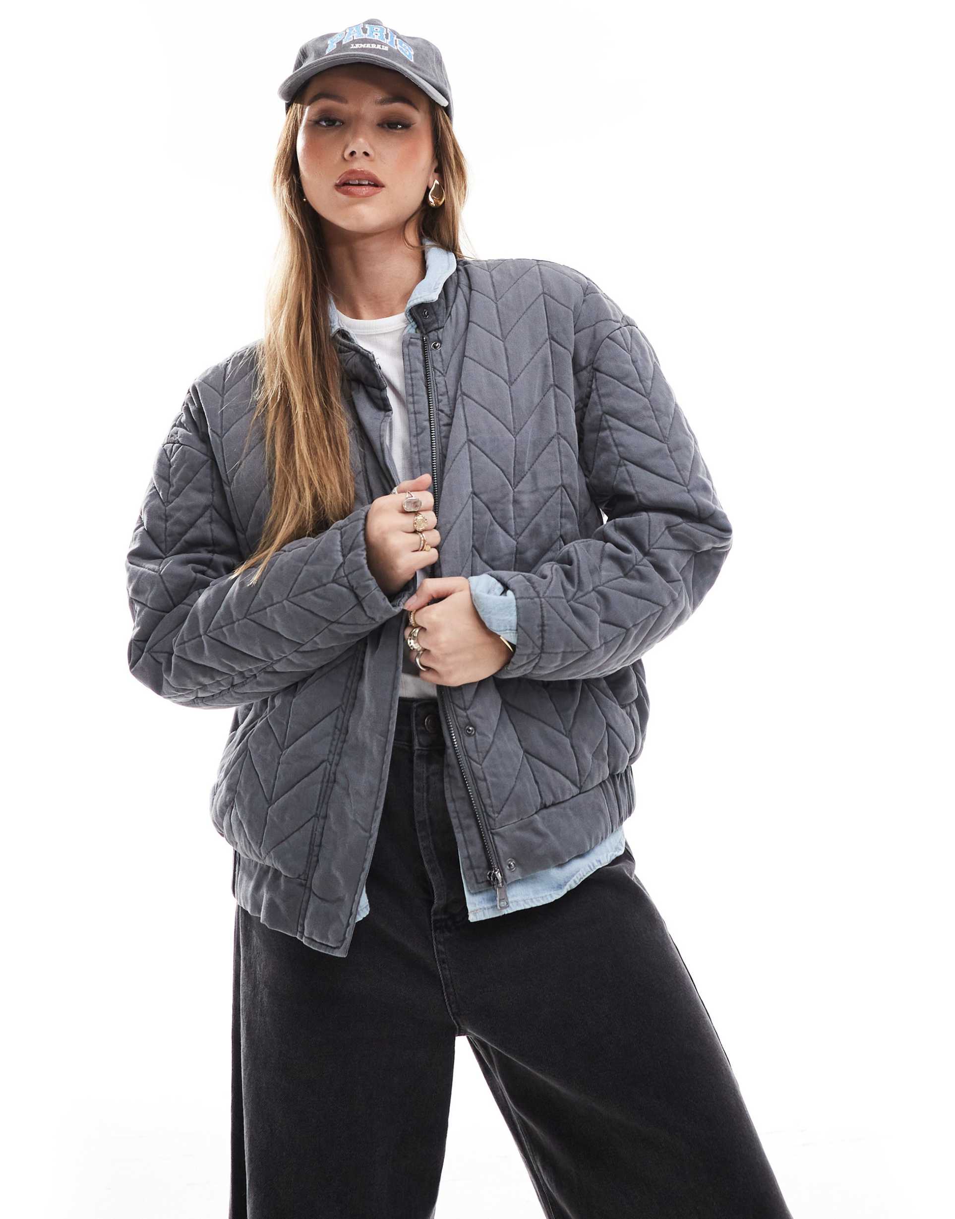 only quilted bomber jacket in washed gray