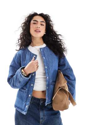 quilted denim jacket in mid blue