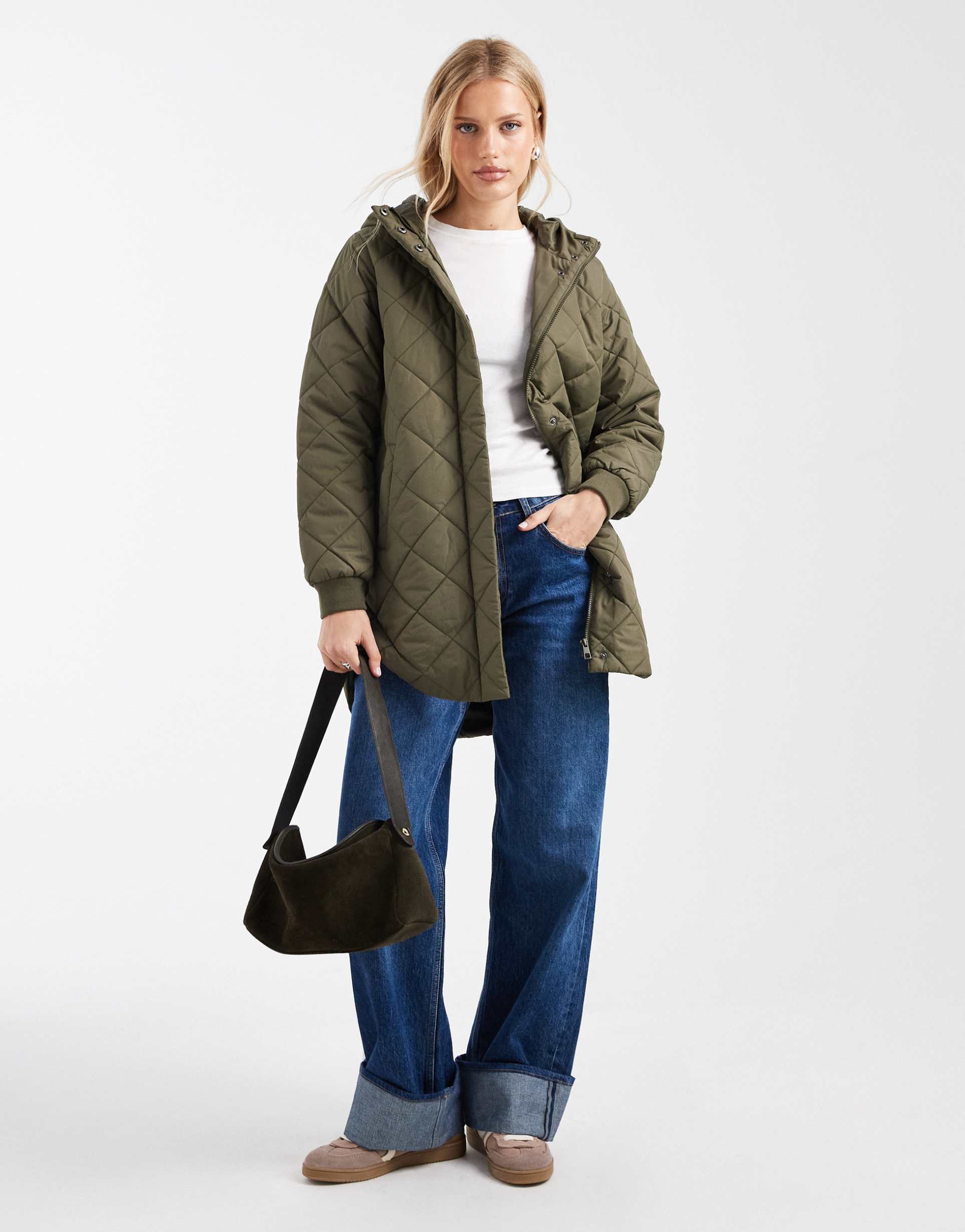 only quilted hooded longline coat in khaki