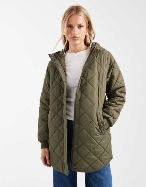 ONLY quilted hooded longline coat in khaki, 3 of 4