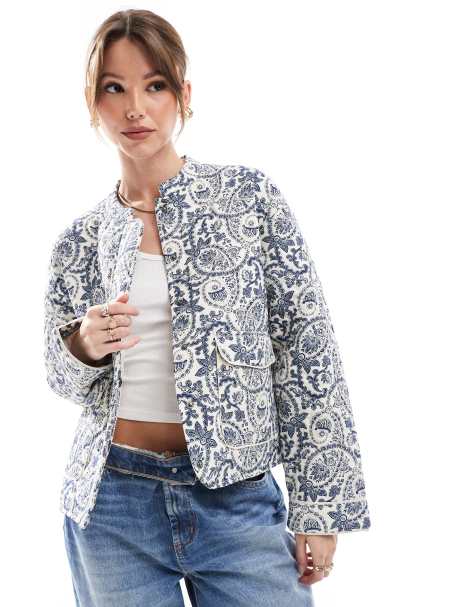 ONLY quilted jacket in blue jacquard print