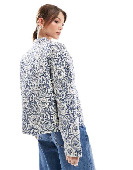 ONLY quilted jacket in blue jacquard print, 4 of 4