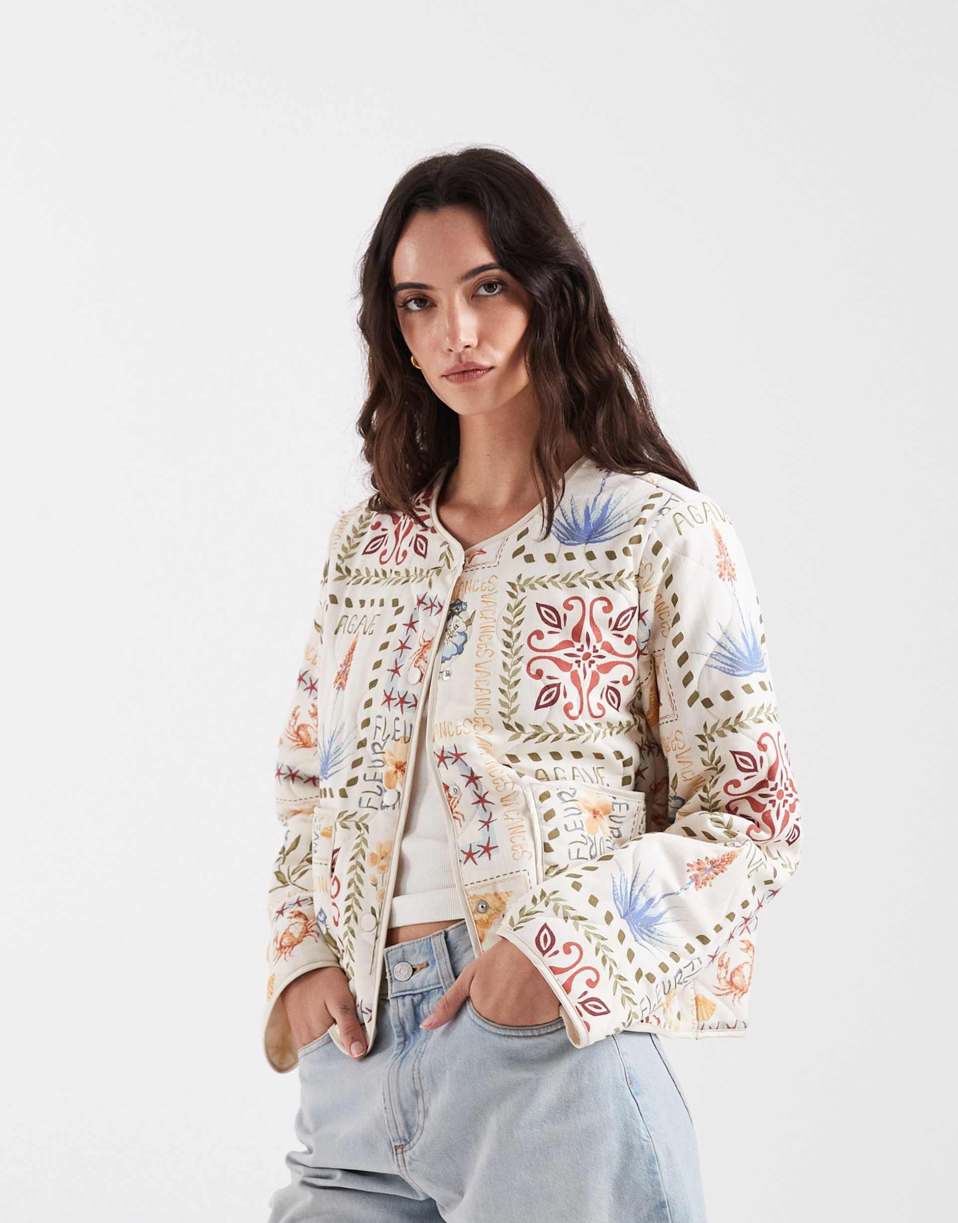 only quilted jacket with floral patchwork in cream