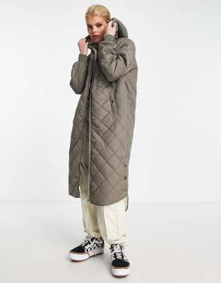 Only Quilted Longline Coat With Teddy Hood In Brown-white ModeSens