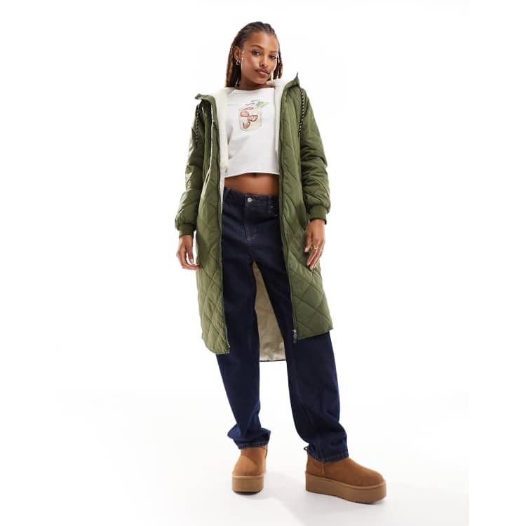 ONLY quilted longline coat with teddy hood in khaki ASOS