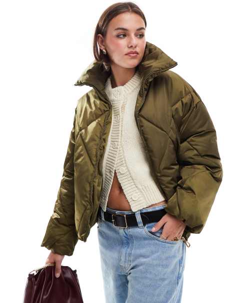 ONLY quilted satin jacket in dark green  - view 1