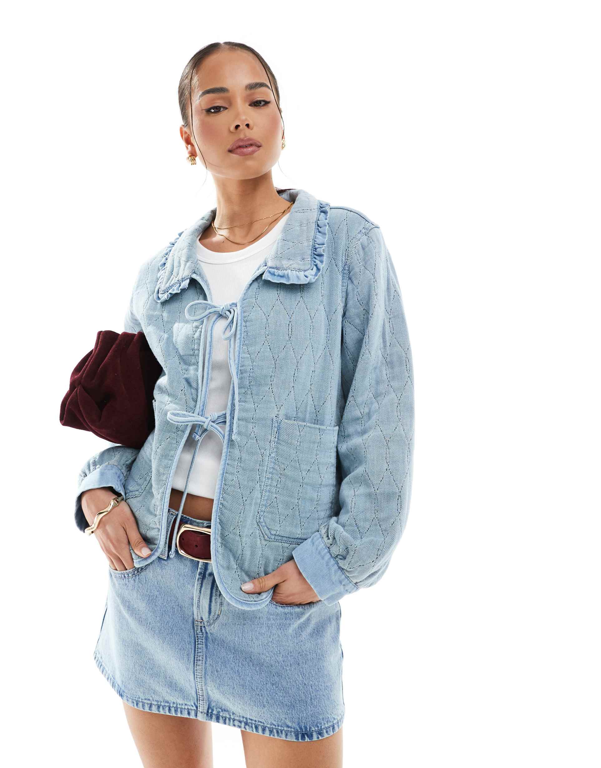 only quilted tie front shacket with ruffle collar detail in light blue denim