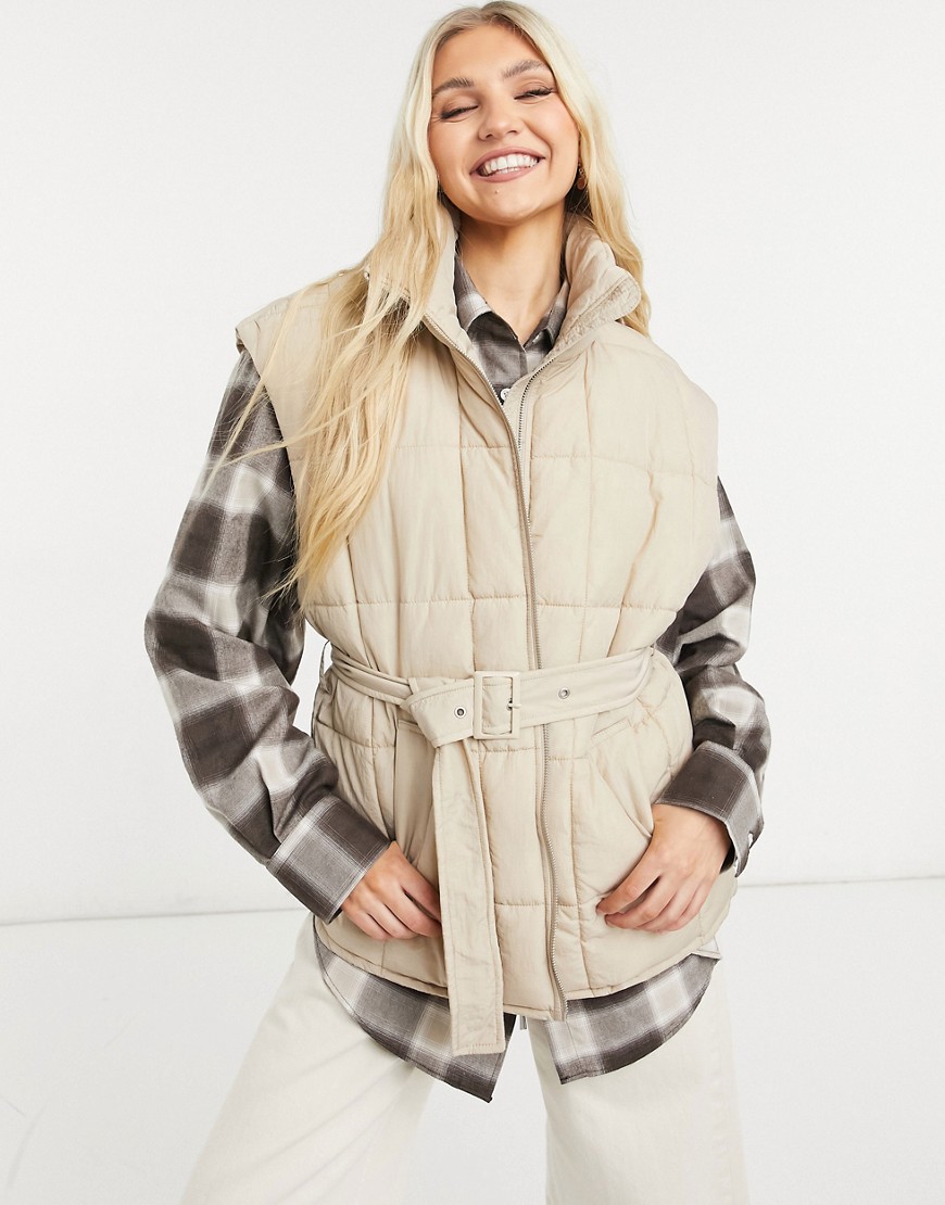 Only quilted vest with belt in beige-Neutral