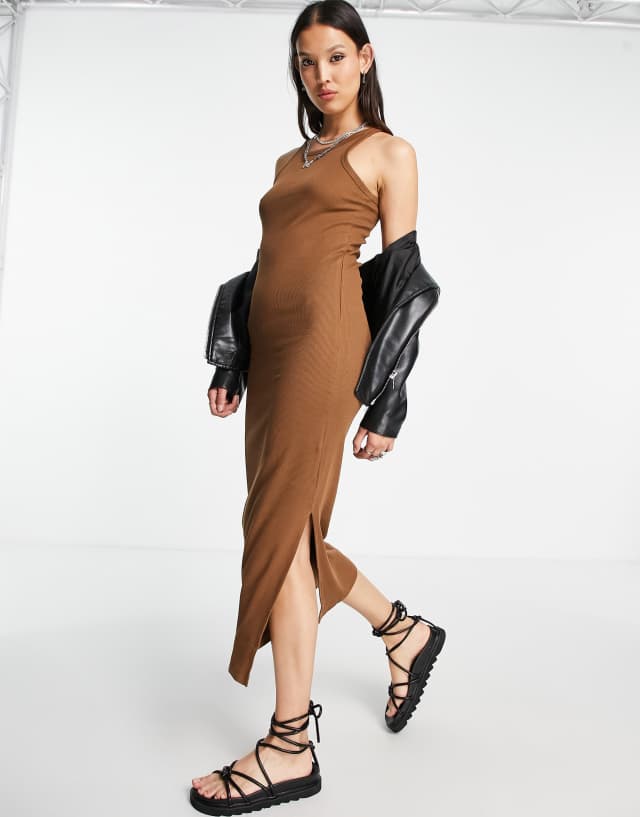 Only racer neck midi side split dress in brown