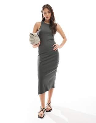 ONLY racer neck ribbed midi dress in charcoal-Grey