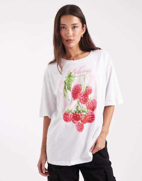 ONLY raspberry graphic oversized t-shirt in white - view 1