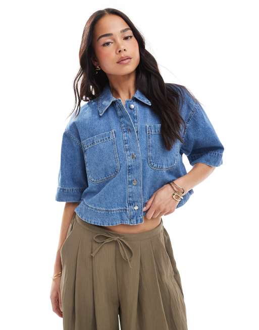 ONLY - Recht cropped denim overhemd in lichte wassing blauw