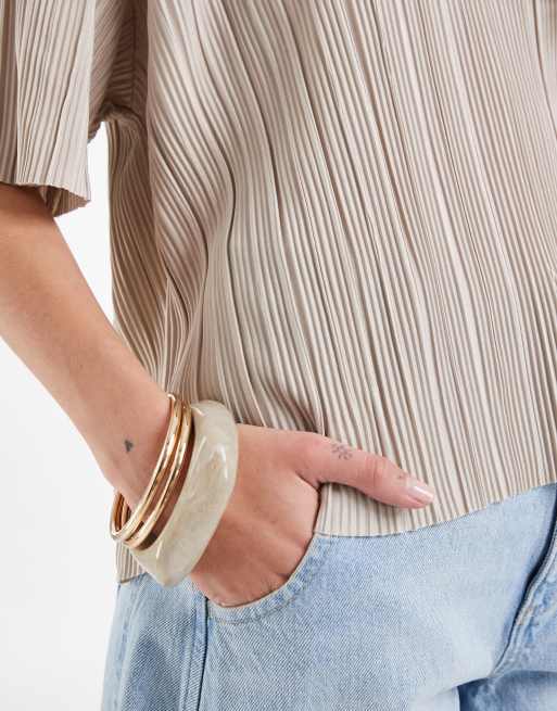 ONLY - Recht plissé T-shirt in crème, 3 van 4