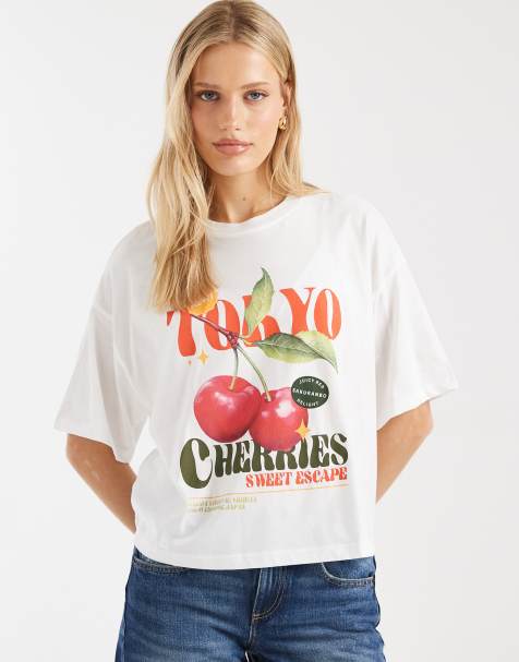 ONLY - Recht T-shirt met kersenprint in wit - view 1