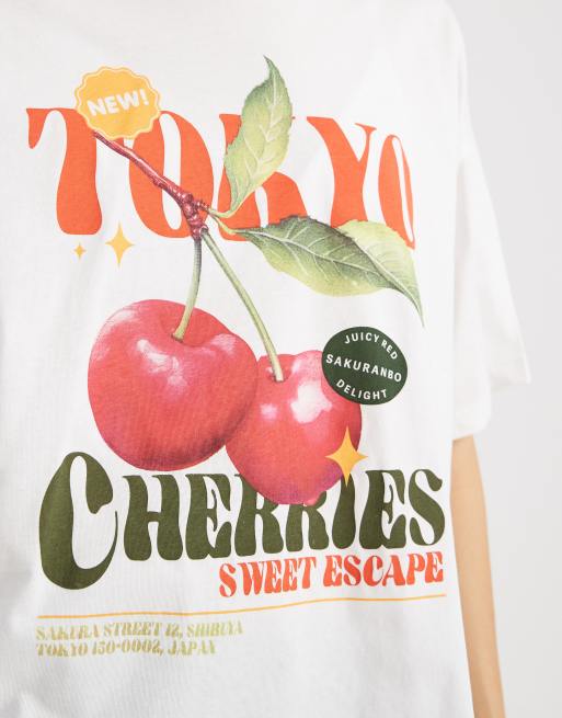 ONLY - Recht T-shirt met kersenprint in wit, 2 van 4