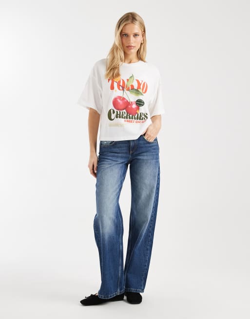 ONLY - Recht T-shirt met kersenprint in wit, 3 van 4