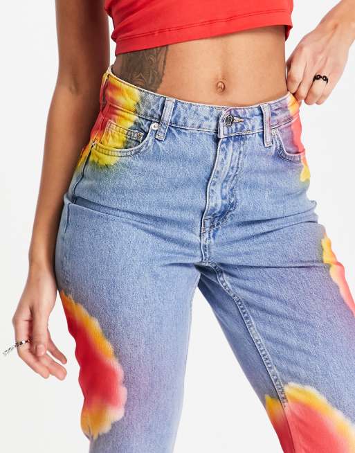 Only - Rechte jeans met hoge taille in lichtblauw met tie-dye vlekken, 2 van 4