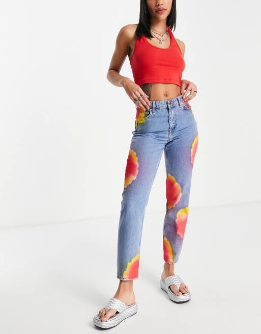 Only - Rechte jeans met hoge taille in lichtblauw met tie-dye vlekken, 3 van 4