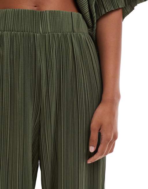 ONLY - Rechte plissé broek met wijde pijpen in kaki, deel van co-ord set, 5 van 5