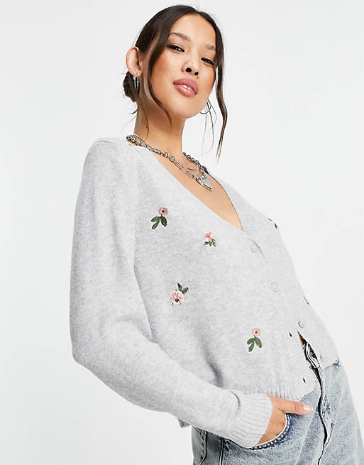 Only cardigan with flower embroidery in grey - GREY