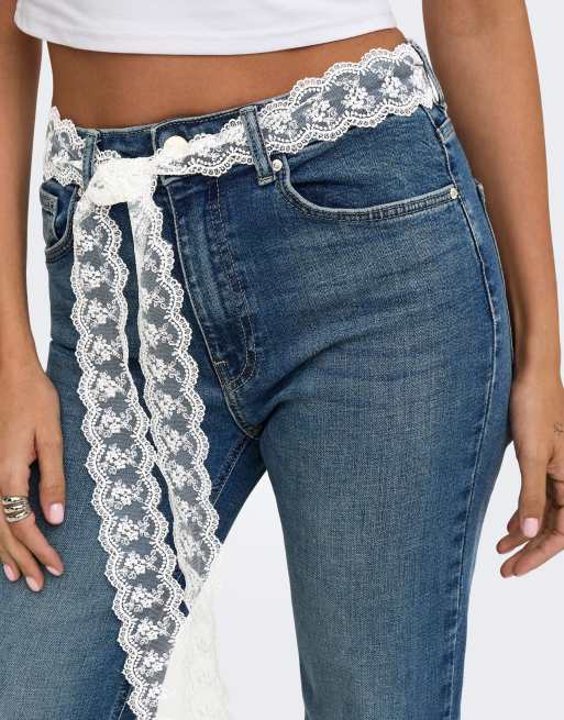ONLY Regent jeans a zampa elasticizzati a vita alta in denim blu medio, 5 di 7
