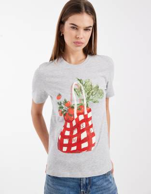 ONLY - Regular-Fit-T-Shirt in Hellgrau mit Tomaten-Print-Weiß