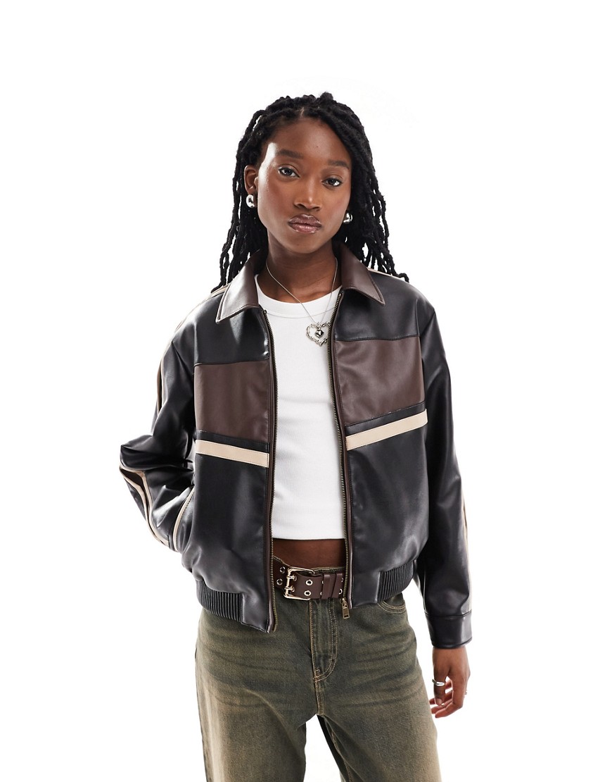 Only Retro Faux Leather Racer Bomber Jacket In Brown-black