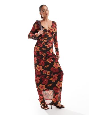 reversible maxi dress in dark brown floral