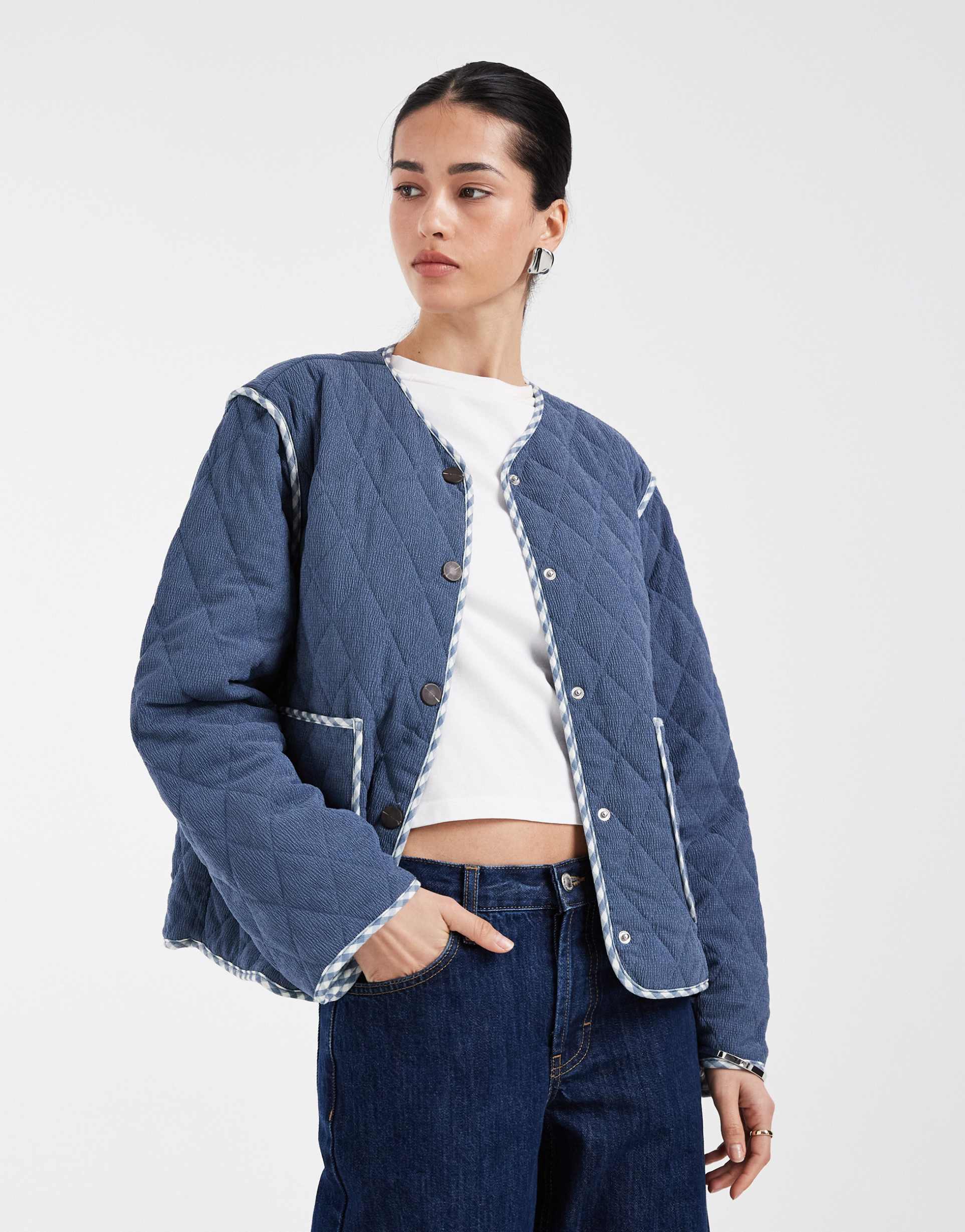 only reversible quilted jacket in blue print