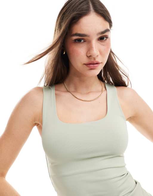 ONLY reversible seamless square neck vest top in sage , 3 of 4
