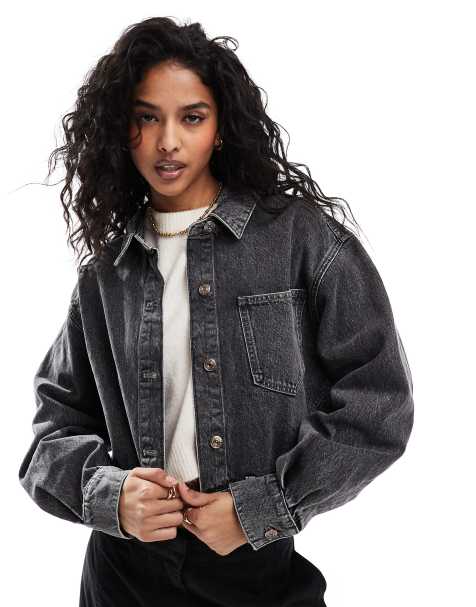 ONLY reworked cropped denim jacket in washed black - view 1