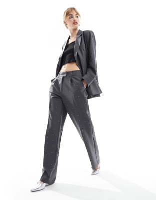 rhinestone straight leg tailored pants in dark gray - part of a set