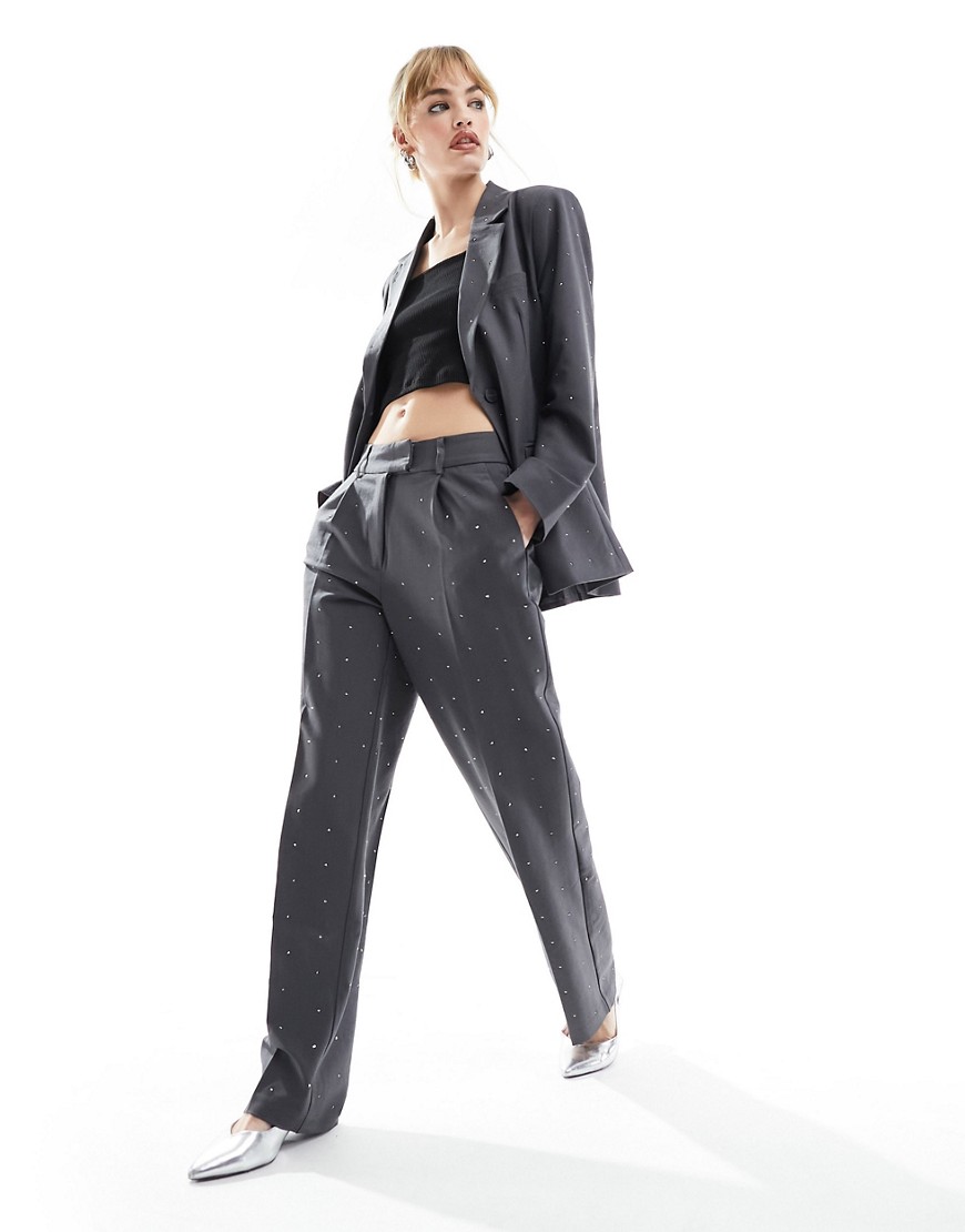 Only Rhinestone Straight Leg Tailored Pants In Dark Gray - Part Of A Set