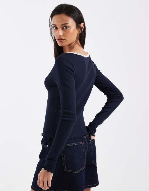 ONLY rib knit cardigan with lettuce edge in navy with contrast seam, 2 of 4