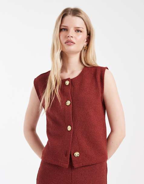 ONLY rib knit singlet with gold button detail in rust (part of a set) - view 1