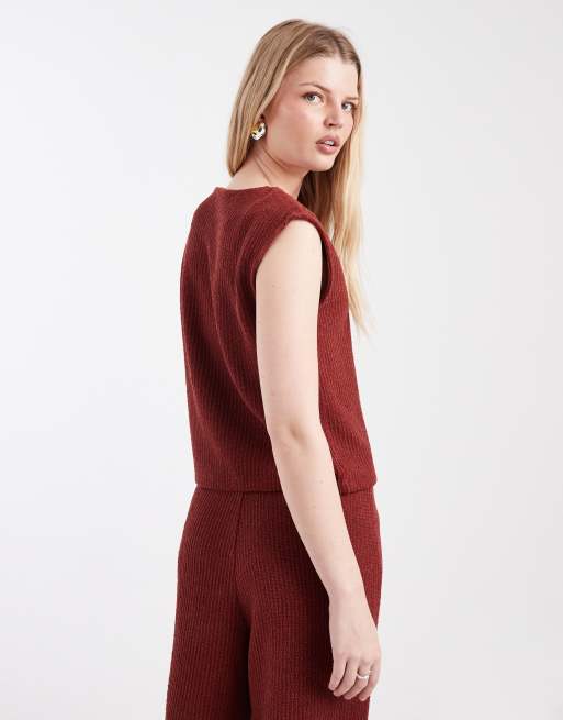 ONLY rib knit singlet with gold button detail in rust (part of a set), 4 of 4