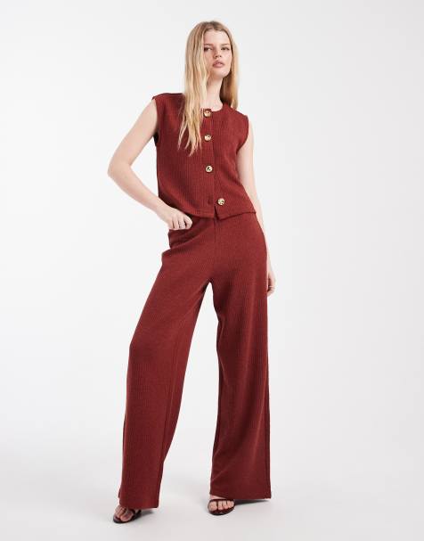 ONLY rib knit wide leg trouser co-ord in burnt rust - view 1
