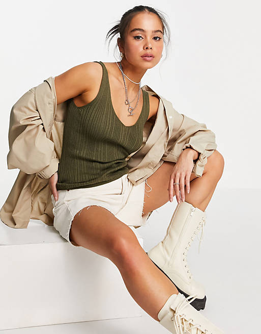 Only rib vest with scoop neck in khaki
