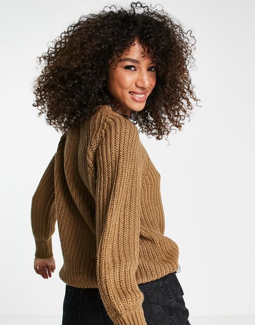 Only ribbed balloon sleeve jumper in camel