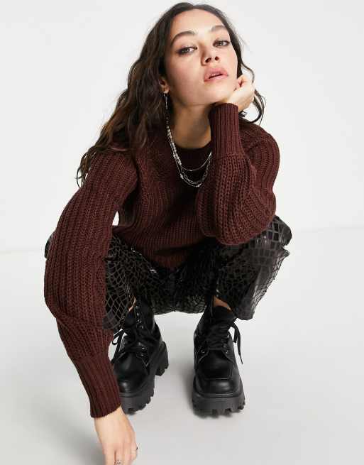 Only ribbed balloon sleeve sweater in chocolate