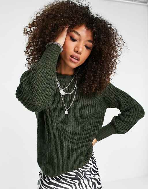 Only ribbed balloon sleeve sweater in dark green