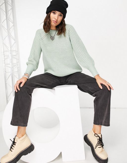 Only ribbed balloon sleeve sweater in pale green | ASOS