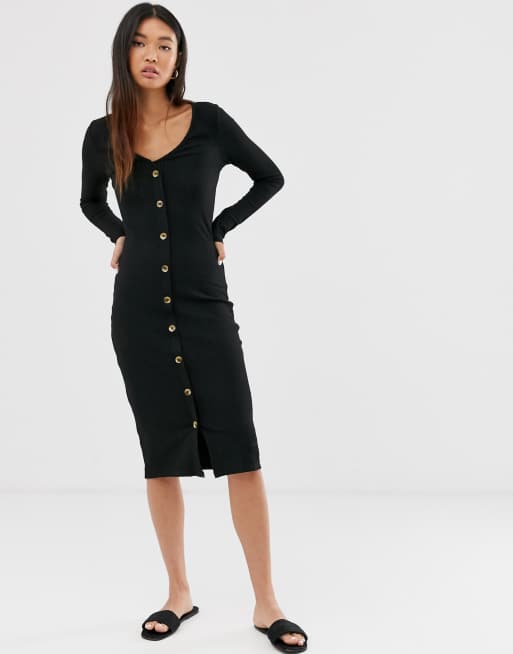 Black ribbed button 2025 down midi dress