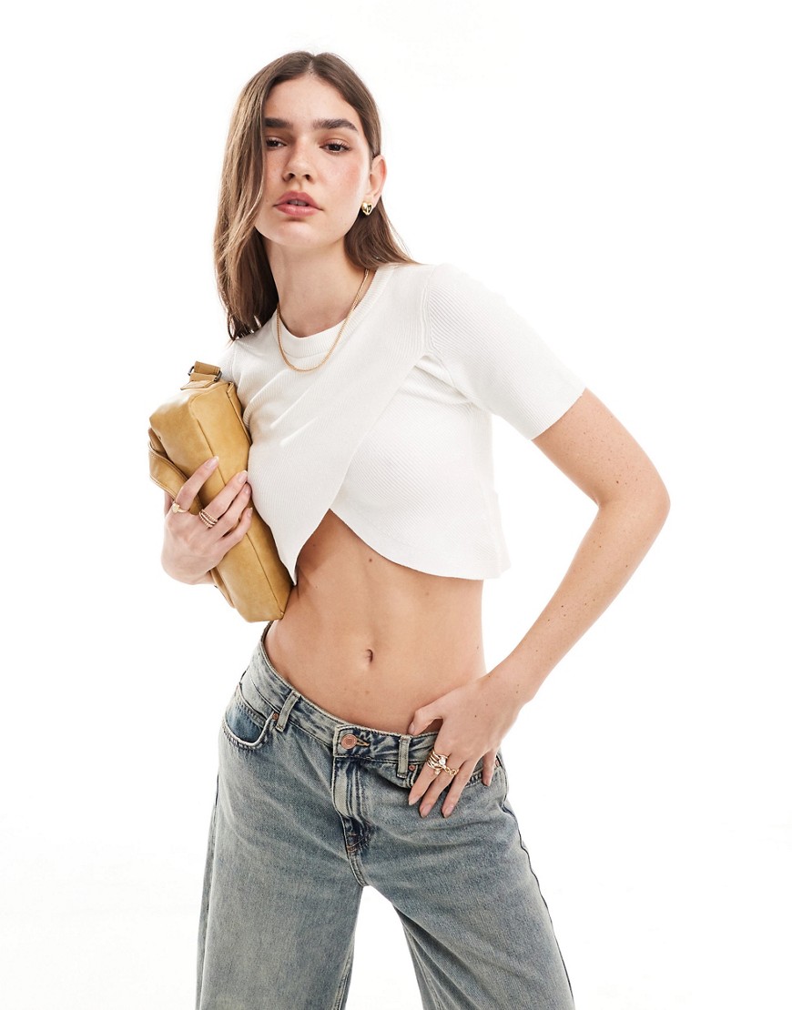 Only Ribbed Cross Front Crop Top In Cream-white