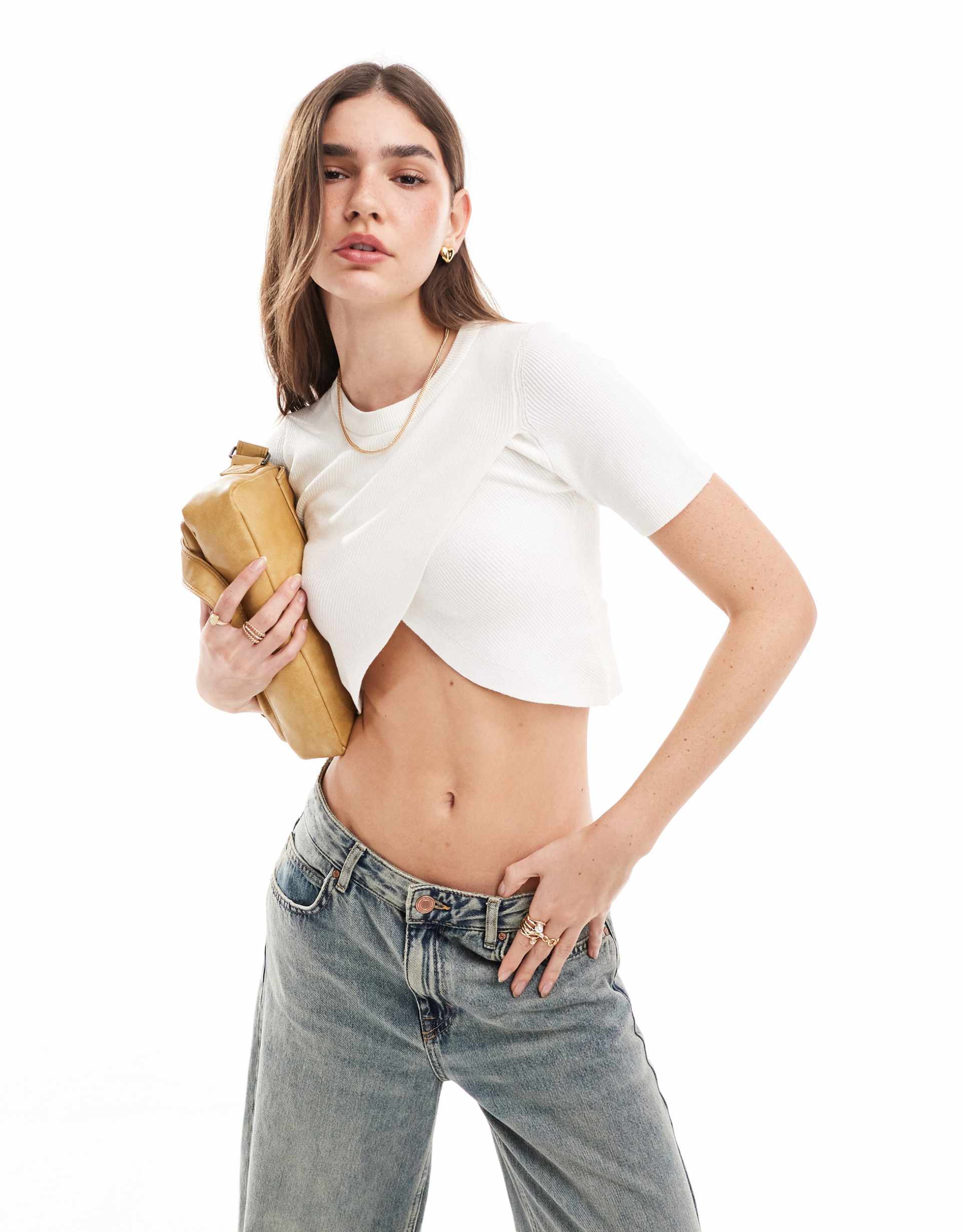 only ribbed cross front crop top in cream