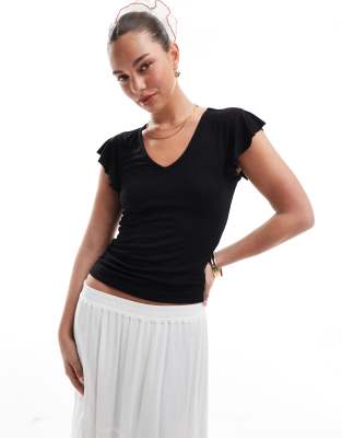 Only Ribbed Frill Sleeve Top In Black
