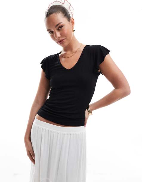 ONLY ribbed frill sleeve top in black - view 1