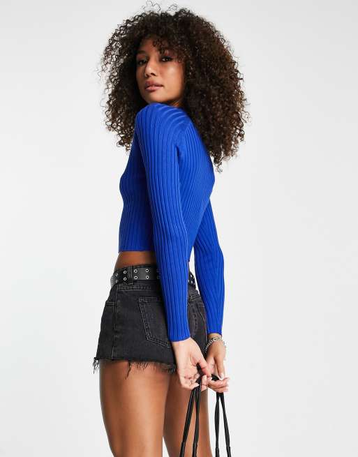 High Neck Ribbed Top Blue