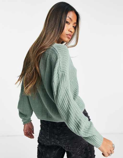 Only ribbed knit button down cardigan in green ASOS