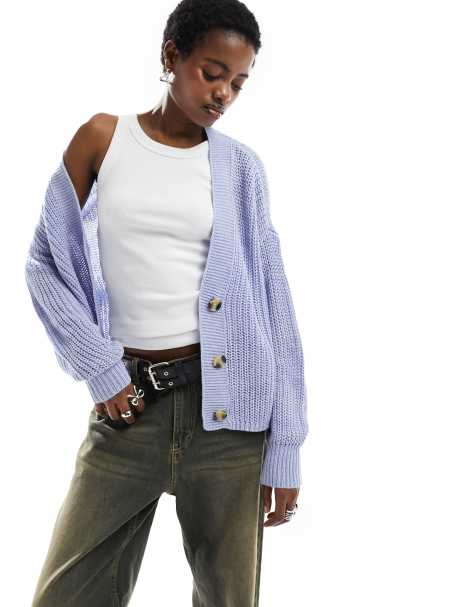 Only ribbed knit button down cardigan in pale blue - view 1